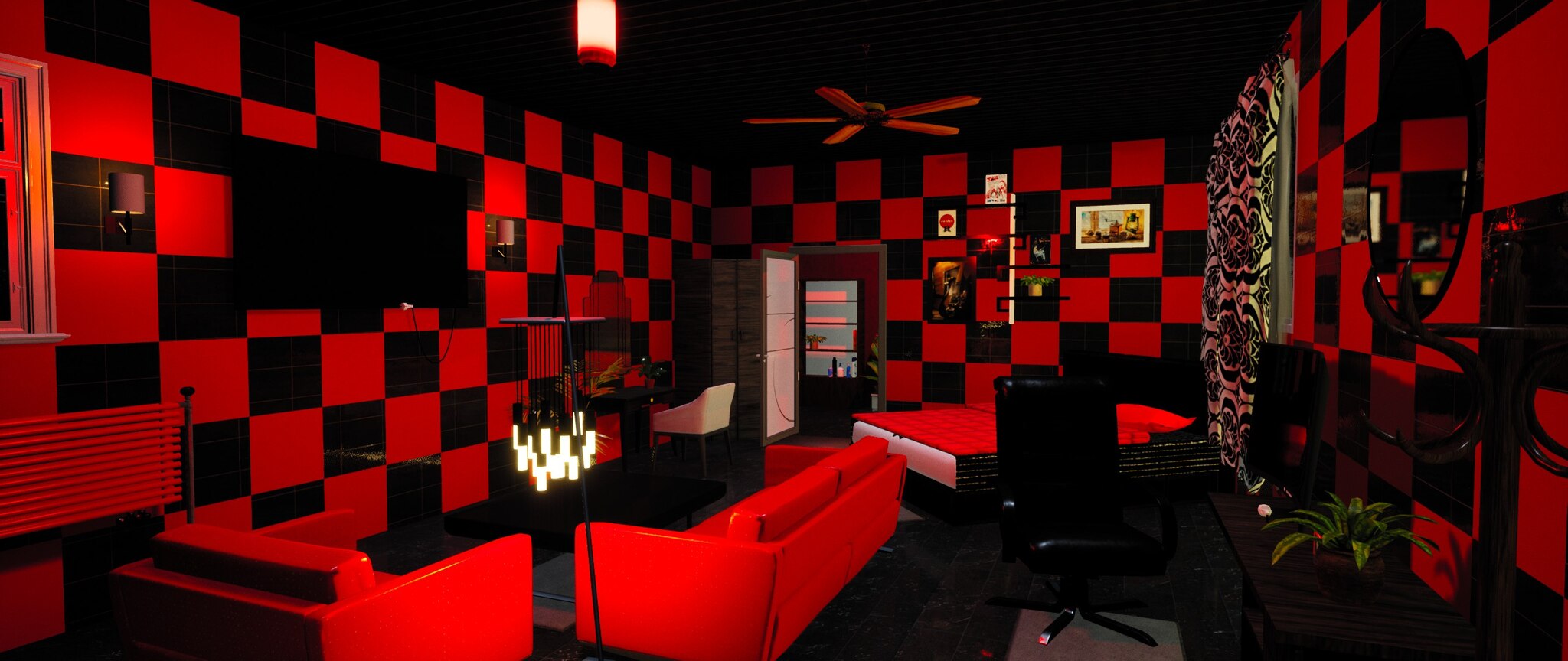 Room customization - red and black themed interior design