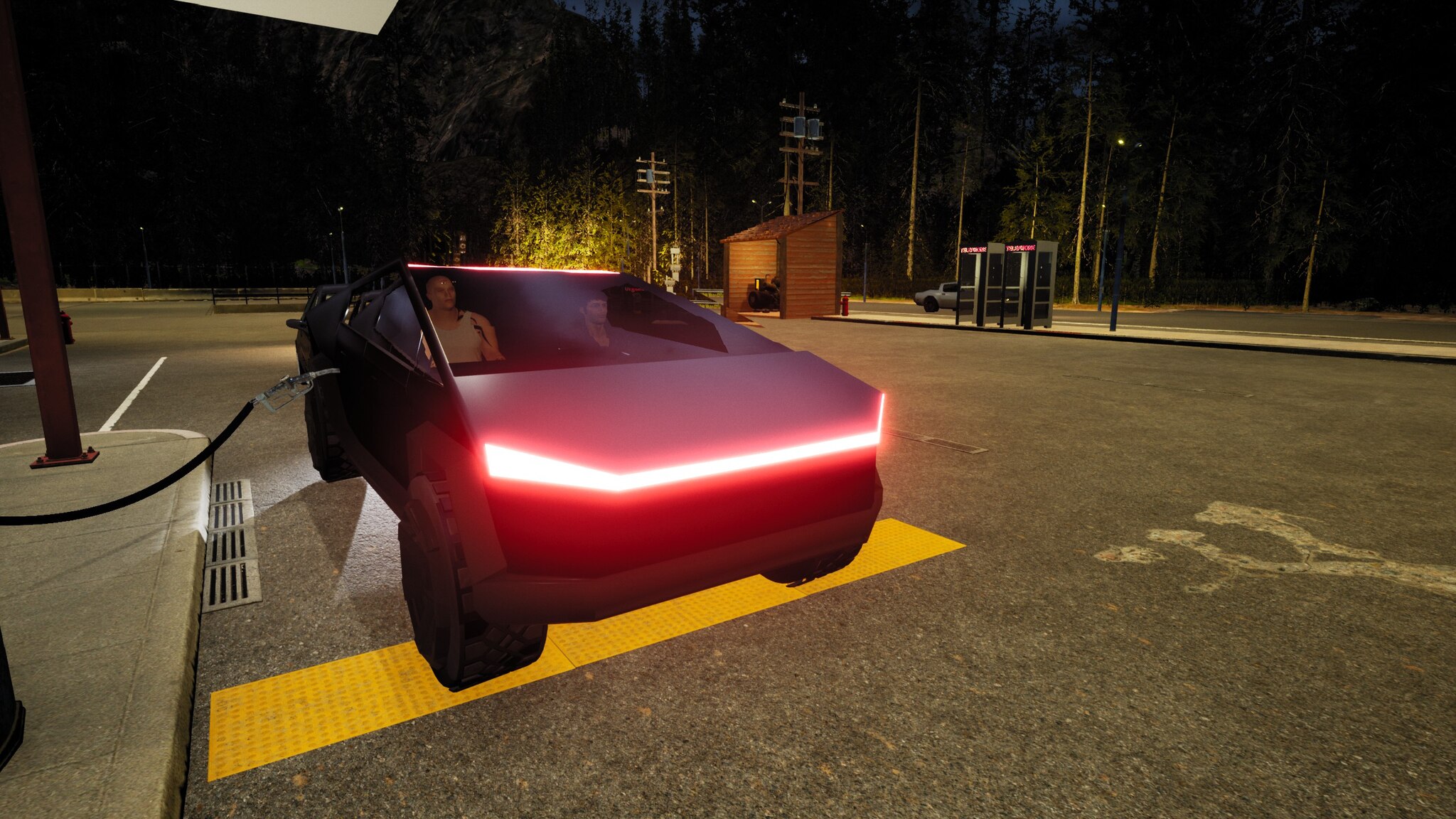 Night scene with futuristic vehicle at gas station